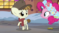 Size: 1920x1080 | Tagged: safe, screencap, featherweight, pinkie pie, spirit of hearth's warming presents, a hearth's warming tail, g4, a christmas carol, clothes, crutches, discovery family logo, hat, scarf, spirit, tiny tim