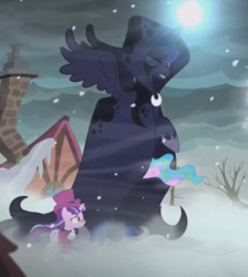 Size: 783x873 | Tagged: safe, edit, edited screencap, screencap, princess celestia, princess luna, spirit of hearth's warming yet to come, pony, unicorn, a hearth's warming tail, g4, cloak, clothes, eyes closed, female, glowing horn, gritted teeth, horn, implied princess celestia, light spell, magic, mare