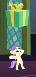 Size: 274x575 | Tagged: safe, screencap, alula, pluto, pony, a hearth's warming tail, g4, animated, cartoon physics, crushed, female, loop, ouch, present, smashing