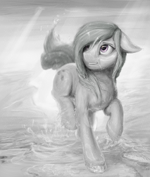 Size: 1450x1700 | Tagged: safe, artist:paticzaki, marble pie, earth pony, pony, g4, crepuscular rays, featured image, female, floppy ears, grin, hope, looking up, monochrome, rain, raised hoof, raised leg, smiling, solo, water, wet, wet mane