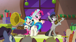 Size: 849x474 | Tagged: safe, screencap, dj pon-3, octavia melody, pinkie pie, spirit of hearth's warming presents, vinyl scratch, a hearth's warming tail, g4, discovery family logo, phonograph, spirit, victrola scratch, wax cylinder
