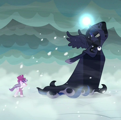 Size: 1027x1020 | Tagged: safe, screencap, princess luna, snowfall frost, spirit of hearth's warming yet to come, starlight glimmer, pony, unicorn, a hearth's warming tail, g4, cloak, clothes, duo, female, frown, glare, glowing horn, hoof shoes, horn, legs go all the way up, light spell, magic, mare, open mouth, pointing, snow, snowfall
