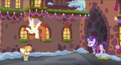 Size: 1920x1032 | Tagged: safe, screencap, bow bonnet, snowfall frost, starlight glimmer, the little match filly, pegasus, pony, unicorn, a hearth's warming tail, g4, big ears, bow, discovery family logo, female, filly, flying, foal, glowing horn, horn, mare, snow, the little match girl