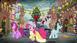 Size: 1920x1080 | Tagged: safe, screencap, berry punch, berryshine, cloud kicker, neon lights, pinkie pie, rising star, spirit of hearth's warming presents, written script, earth pony, pegasus, pony, unicorn, a hearth's warming tail, g4, background pony, bell, canterlot, discovery family logo, female, male, mare, mouth hold, spirit, stallion, wreath