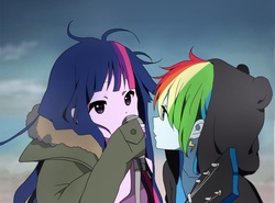 Size: 1024x758 | Tagged: safe, artist:lotte, rainbow dash, twilight sparkle, equestria girls, g4, duo, ear piercing, earring, female, guitar, jewelry, k-on, messy hair, microphone, piercing