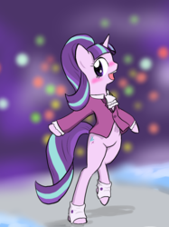 Size: 1280x1709 | Tagged: safe, artist:seidouryu, snowfall frost, starlight glimmer, pony, unicorn, a hearth's warming tail, g4, belly button, bipedal, clothes, female, open mouth, solo