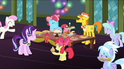 Size: 1920x1080 | Tagged: safe, screencap, apple bloom, carrot cake, cloudchaser, cup cake, flitter, starlight glimmer, a hearth's warming tail, g4, cake, cookie, cupcake, cutie mark, discovery family logo, food, pie, the cmc's cutie marks