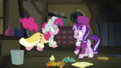 Size: 400x225 | Tagged: safe, screencap, pinkie pie, snowfall frost, spirit of hearth's warming presents, starlight glimmer, a hearth's warming tail, g4, animated, discovery family logo, female, pinkie sense, twitching