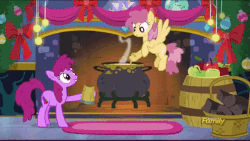Size: 640x360 | Tagged: safe, screencap, berry punch, berryshine, dizzy twister, orange swirl, earth pony, pegasus, pony, a hearth's warming tail, g4, animated, cauldron, cider, discovery family logo, female, ladle, mare