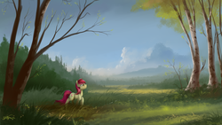 Size: 1920x1080 | Tagged: dead source, safe, artist:shamanguli, roseluck, earth pony, pony, g4, birch tree, female, field, forest, looking up, mare, raised hoof, scenery, solo, tree