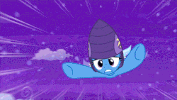 Size: 576x324 | Tagged: safe, artist:tengami, trixie, manticore, pony, unicorn, g4, no second prances, animated, bad end, death, female, helmet, mare, mega man (series), moonshot manticore mouth dive, popping