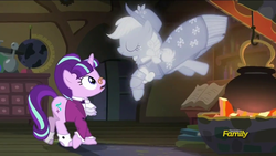 Size: 1280x720 | Tagged: safe, screencap, applejack, snowfall frost, spirit of hearth's warming past, starlight glimmer, a hearth's warming tail, g4, discovery family logo, hearth's warming eve, spirit