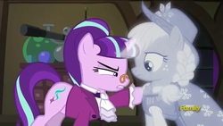 Size: 640x360 | Tagged: safe, screencap, applejack, snowfall frost, spirit of hearth's warming past, starlight glimmer, a hearth's warming tail, g4, discovery family logo, hearth's warming eve, spirit