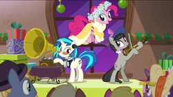 Size: 1280x720 | Tagged: safe, screencap, dj pon-3, evening stroll, octavia melody, paraviolet, pinkie pie, spirit of hearth's warming presents, vinyl scratch, a hearth's warming tail, g4, discovery family logo, musical instrument, phonograph, victrola scratch, violin, wax cylinder