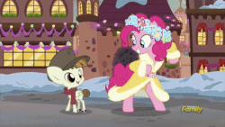 Size: 400x225 | Tagged: safe, screencap, featherweight, pinkie pie, spirit of hearth's warming presents, earth pony, pony, a hearth's warming tail, g4, a christmas carol, anchors aweigh (film), animated, bipedal, candy, candy in hair, christmas, clothes, colt, cute, dancing, diapinkes, discovery family logo, dress, eye contact, eyes closed, featherbetes, female, food, grin, hat, heartwarming, holiday, looking at each other, male, mare, open mouth, scarf, smiling, tap dancing, tiny tim