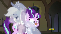 Size: 1280x720 | Tagged: safe, screencap, applejack, snowfall frost, spirit of hearth's warming past, starlight glimmer, ghost, a hearth's warming tail, g4, discovery family logo, incorporeal, shocked