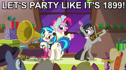 Size: 849x474 | Tagged: safe, edit, edited screencap, screencap, cherry berry, coco crusoe, dj pon-3, evening stroll, octavia melody, paraviolet, pinkie pie, rising yeast, spirit of hearth's warming presents, vinyl scratch, pony, a hearth's warming tail, g4, background pony, discovery family logo, image macro, meme, phonograph, prince (musician), victrola scratch, wax cylinder, weird al yankovic