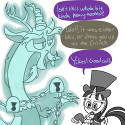 Size: 3000x3000 | Tagged: safe, artist:turkleson, discord, snowfall frost, starlight glimmer, draconequus, ghost, pony, unicorn, a hearth's warming tail, g4, chains, clothes, ghost discord, hat, high res, hilarious in hindsight, jacob marley, padlock, parody, pince-nez, raised hoof, simple background, top hat, white background