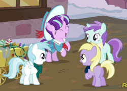 Size: 726x522 | Tagged: safe, screencap, cotton cloudy, dinky hooves, liza doolots, petunia, snowfall frost, starlight glimmer, tootsie flute, pegasus, pony, unicorn, a hearth's warming tail, g4, season 6, animated, butt, cottonbetes, cute, dinkabetes, eyes closed, female, filly, filly starlight glimmer, glimmerbetes, hoofy-kicks, loop, open mouth, plot, rearing, tootsie cute, younger