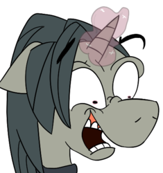 Size: 437x465 | Tagged: safe, artist:cowsrtasty, professor flintheart, pony, unicorn, a hearth's warming tail, g4, floppy ears, funny, glowing horn, harry potter (series), horn, magic, male, open mouth, parody, severus snape, simple background, smiling, solo, stallion, that was fast, transparent background, wat, wide eyes, wingardium leviosa