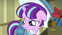 Size: 710x400 | Tagged: safe, screencap, snowfall frost, starlight glimmer, a hearth's warming tail, animated, clothes, cute, discovery family logo, eye shimmer, female, filly, filly starlight glimmer, loop, sad, sadlight glimmer, sadorable, school uniform, younger