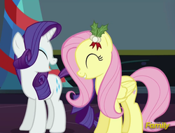 Size: 906x688 | Tagged: safe, screencap, fluttershy, rarity, pegasus, pony, unicorn, a hearth's warming tail, g4, cute, discovery family logo, eyes closed, female, hearth's warming eve, holly, laughing, mare, mistleholly, open mouth, raribetes, shyabetes, smiling