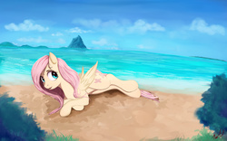 Size: 1920x1200 | Tagged: safe, artist:miokomata, fluttershy, g4, cloud, crossed hooves, cute, female, island, ocean, open mouth, sand, scenery, shore, shyabetes, sky, solo, summer, water