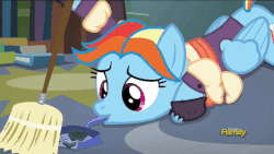 Size: 640x360 | Tagged: safe, screencap, rainbow dash, snowdash, a hearth's warming tail, g4, animated, broom, discovery family logo, dustpan, female, frown, hoof hold, looking down, looking up, loop, mouth hold, prone, smiling, solo