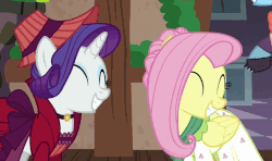 Size: 783x462 | Tagged: safe, screencap, flutterholly, fluttershy, merry, rainbow dash, rarity, snowdash, a hearth's warming tail, g4, animated, female, laughing, laughing flarity, laughingmares.gif, laughingmares.jpg, loop