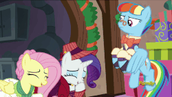 Size: 806x454 | Tagged: safe, screencap, flutterholly, fluttershy, merry, rainbow dash, rarity, snowdash, a hearth's warming tail, g4, animated, discovery family logo, female, loop