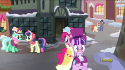 Size: 1920x1080 | Tagged: safe, screencap, bon bon, bow bonnet, lyra heartstrings, pinkie pie, rising yeast, snowfall frost, spirit of hearth's warming presents, starlight glimmer, sweetie drops, earth pony, pegasus, pony, unicorn, a hearth's warming tail, g4, background pony, discovery family logo, female, male, mare, stallion