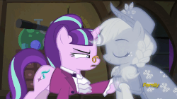 Size: 858x482 | Tagged: safe, screencap, applejack, snowfall frost, spirit of hearth's warming past, starlight glimmer, ghost, a hearth's warming tail, g4, animated, discovery family logo, female, incorporeal, spirit