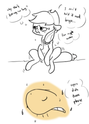 Size: 2480x3425 | Tagged: safe, artist:theponybox696, applejack, comic:the cutie pee, g4, the cutie map, covering crotch, desperation, high res, monochrome, need to pee, omorashi, partial color, potty dance, potty emergency, potty time, trotting in place