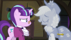 Size: 858x482 | Tagged: safe, screencap, applejack, snowfall frost, spirit of hearth's warming past, starlight glimmer, a hearth's warming tail, g4, animated, cold, discovery family logo, duo, female, ghostly chill, incorporeal, shivering, starlight shiverer