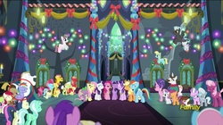 Size: 1366x767 | Tagged: safe, edit, edited screencap, screencap, apple bloom, applejack, big macintosh, blossomforth, bon bon, bulk biceps, carrot cake, cheerilee, cookie crumbles, cup cake, daisy, diamond tiara, doctor whooves, flower wishes, fluttershy, granny smith, helia, lyra heartstrings, pinkie pie, pipsqueak, pound cake, pumpkin cake, rainbow blaze, rainbow dash, rarity, roseluck, rumble, scootaloo, silver spoon, spike, starlight glimmer, sweetie belle, sweetie drops, thunderlane, time turner, twilight sparkle, alicorn, pony, a hearth's warming tail, g4, background pony, circled, clothes, discovery family logo, female, fourth doctor's scarf, male, mane six, mare, scarf, stallion, striped scarf, twilight sparkle (alicorn)