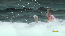 Size: 849x477 | Tagged: safe, screencap, a hearth's warming tail, g4, building, cloud, cold nightmare timeline, discovery family logo, scenery, snow, snowfall