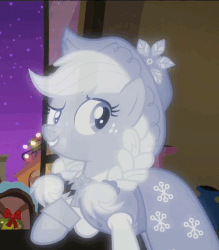 Size: 423x482 | Tagged: safe, edit, edited screencap, screencap, applejack, spirit of hearth's warming past, a hearth's warming tail, g4, animated, caption, female, image macro, meme, pointing, reaction image, text