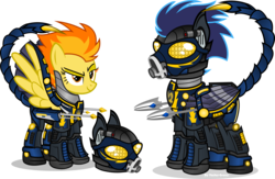Size: 4617x3013 | Tagged: safe, artist:vector-brony, soarin', spitfire, pegasus, pony, fallout equestria, g4, armor, duo, enclave armor, helmet, high res, inkscape, power armor, shadowbolt armor, simple background, transparent background, vector, wonderbolts