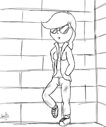 Size: 1000x1200 | Tagged: safe, artist:spritepony, oc, oc only, oc:sprite, human, humanized, leaning on wall, monochrome, my little art challenge, sketch, solo