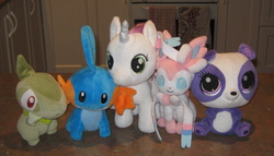 Size: 2566x1471 | Tagged: safe, artist:cheerbearsfan, axew, mudkip, sylveon, irl, littlest pet shop, penny ling, photo, plushie, pokémon