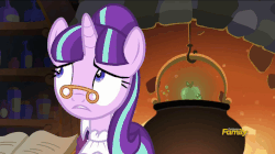 Size: 858x482 | Tagged: safe, screencap, applejack, snowfall frost, spirit of hearth's warming past, starlight glimmer, a hearth's warming tail, g4, animated, cauldron, discovery family logo, female