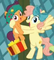 Size: 293x324 | Tagged: safe, screencap, jolly fir, merry cotton, pony, a hearth's warming tail, g4, background pony, cropped, flying, present