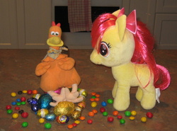 Size: 2488x1844 | Tagged: safe, artist:cheerbearsfan, apple bloom, bird, chicken, earth pony, pony, g4, aardman animations, chicken run, chocolate, chocolate egg, dreamworks, food, ginger, hen, irl, m&m's, photo, plushie