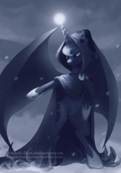 Size: 900x1278 | Tagged: safe, artist:grissaecrim, princess luna, spirit of hearth's warming yet to come, alicorn, pony, a hearth's warming tail, g4, bipedal, cloak, clothes, epic, female, mare, metal as fuck, solo, that was fast