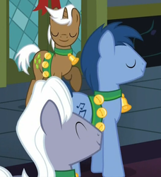 Size: 799x876 | Tagged: safe, edit, edited screencap, screencap, blues, mochaccino, noteworthy, rare find, royal riff, earth pony, pony, a hearth's warming tail, g4, bells, cropped, harness, male, stallion