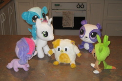 Size: 2628x1744 | Tagged: safe, artist:cheerbearsfan, sweetie belle, chespin, g4, adventure time, cake the cat, crossover, irl, littlest pet shop, male, penny ling, photo, plushie, pokémon, sunil nevla, zoe trent