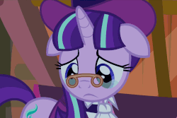 Size: 1076x720 | Tagged: safe, screencap, snowfall frost, starlight glimmer, pony, a hearth's warming tail, g4, season 6, animated, crying, eye shimmer, female, floppy ears, frown, loop, s5 starlight, sad, sad face, solo