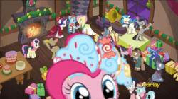 Size: 858x482 | Tagged: safe, screencap, bonnie rose, pinkie pie, spirit of hearth's warming presents, a hearth's warming tail, g4, animated, discovery family logo, female, weapons-grade cute