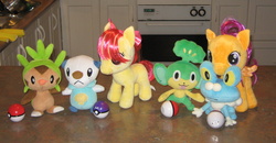 Size: 2749x1430 | Tagged: safe, artist:cheerbearsfan, apple bloom, scootaloo, chespin, froakie, oshawott, pansage, g4, irl, master ball, photo, plushie, poké ball, pokémon