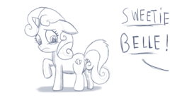 Size: 1310x817 | Tagged: dead source, safe, artist:pentrig, sweetie belle, pony, unicorn, g4, crying, cutie mark, dialogue, monochrome, offscreen character, sketch, solo focus, the cmc's cutie marks